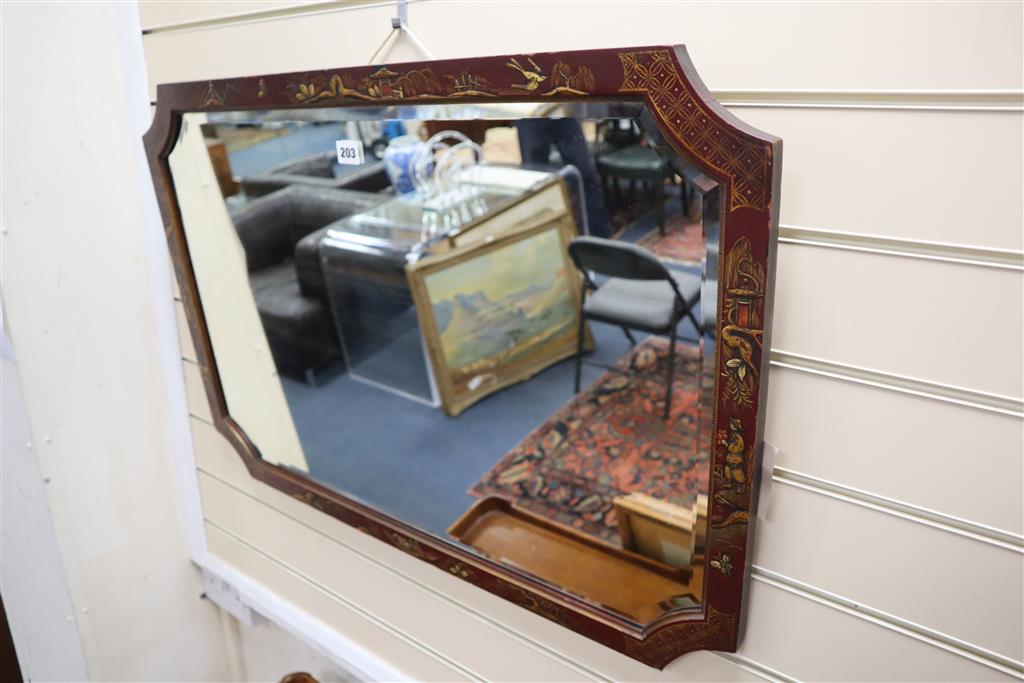 A rectangular wall mirror in red-lacquered chinoiserie frame, width 82cm, height 57cm